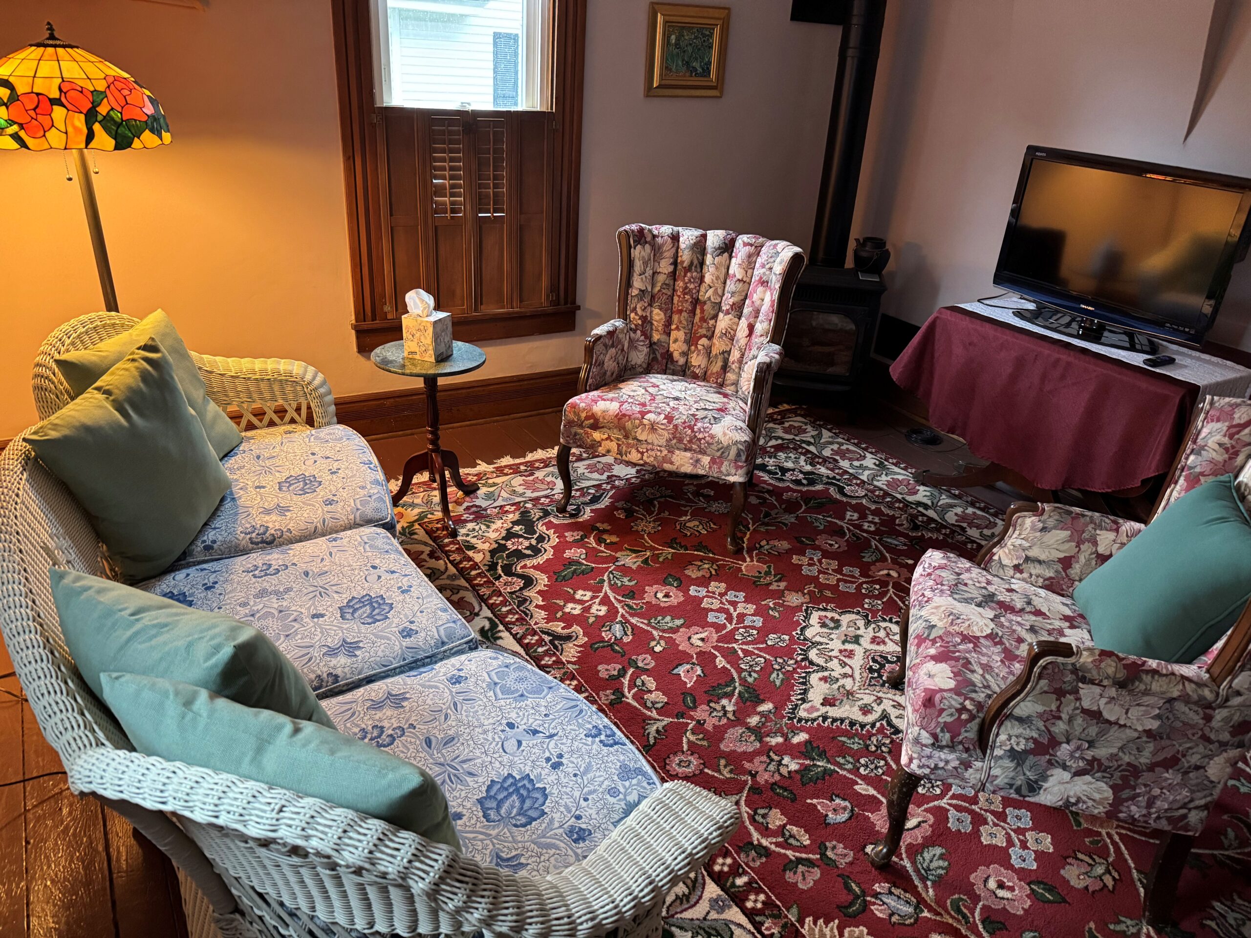 Cozy living room featuring a floral-patterned sofa and chairs, a small table with tissues, a lamp, and a TV, all on a patterned area rug.